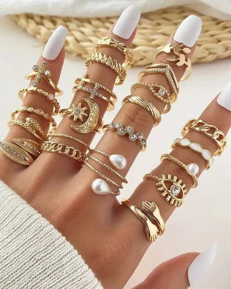 Women Set of 23 Gold-Plated Stone-Studded Stackable Rings
