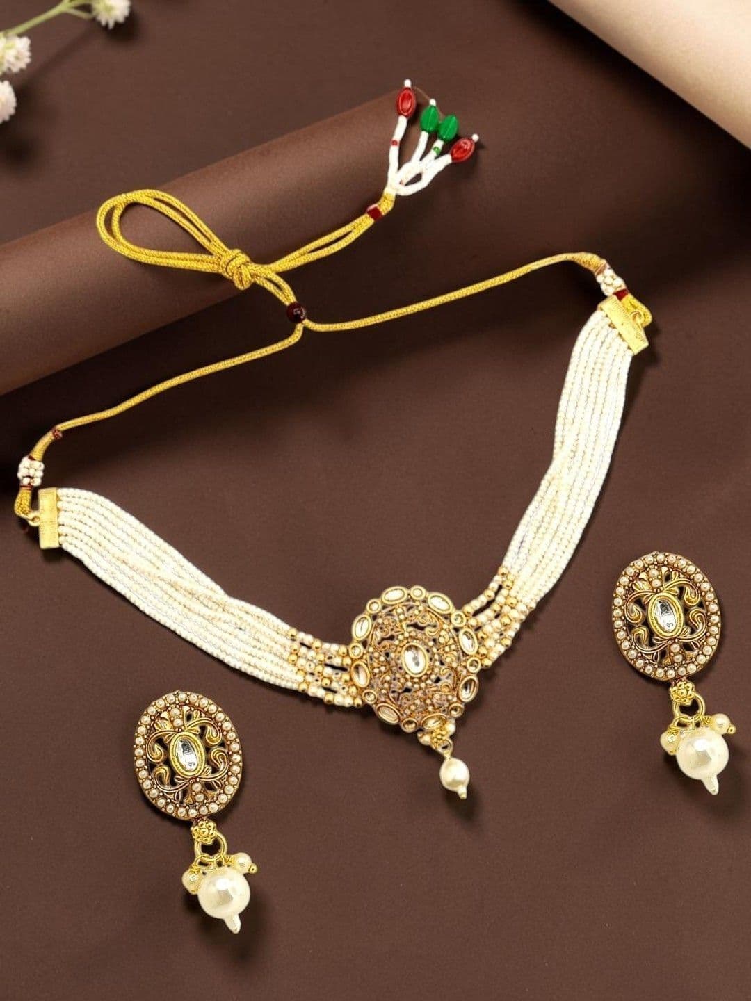 FEMMIBELLA Gold-Plated Choker Kundan Necklace and Earrings