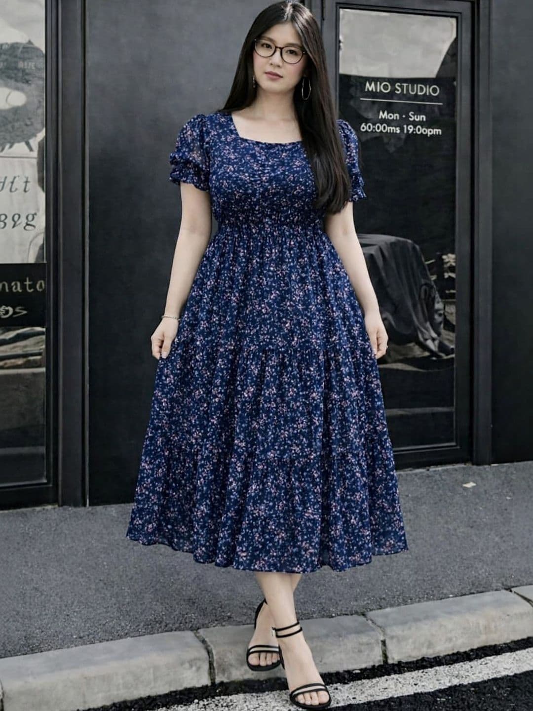 2013 USK COLLECTION Floral Print Puff Sleeve Crepe A-Line Midi Dress