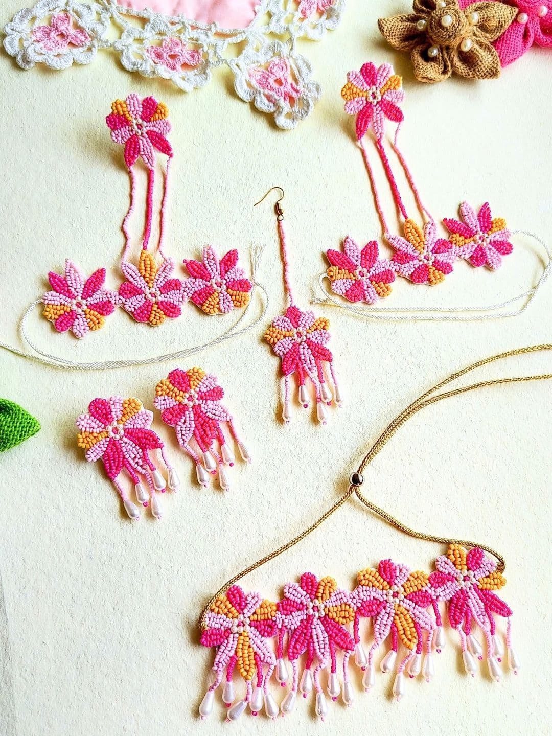 Sangria Gold Plated Floral Beaded Tasselled Jewellery Set