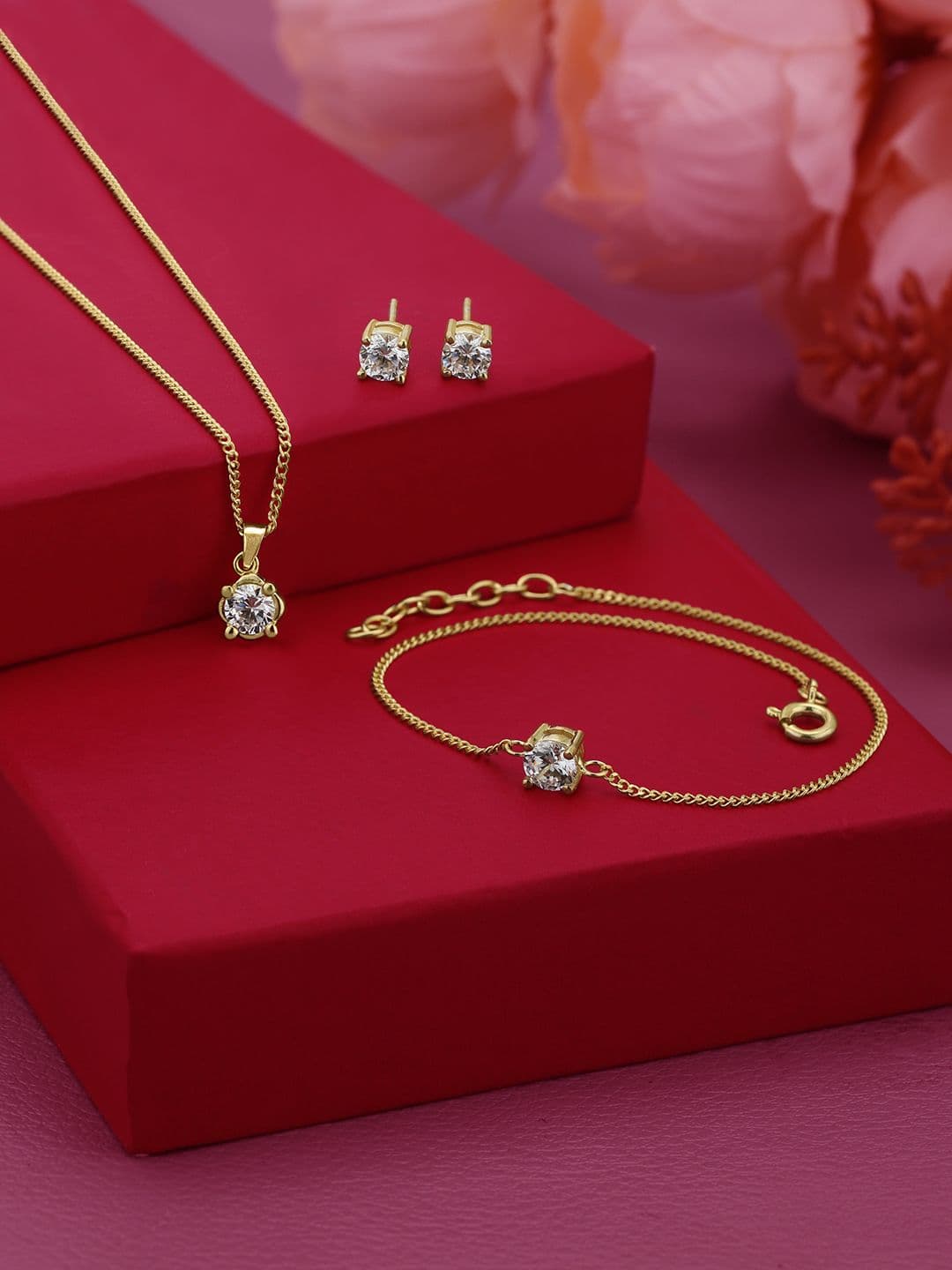Carlton London 18kt Gold Plated CZ Dangling Solitaire Jewellery Gift Set